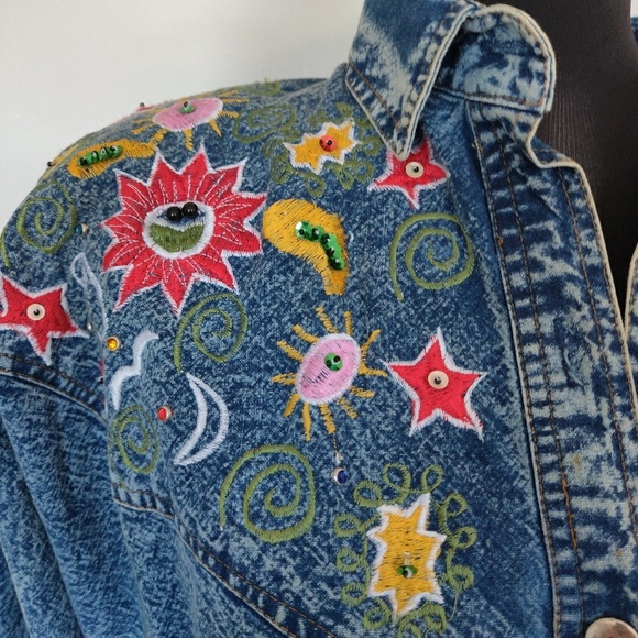 Vintage 80s Acid Washed Embroidered Denim Jacket - Picture 3 of 6